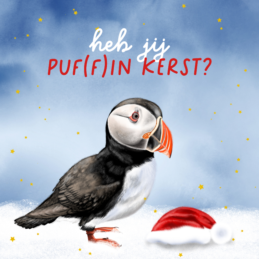 Kerstkaarten - Kerstkaart papegaaiduiker met kerstmuts in de sneeuw
