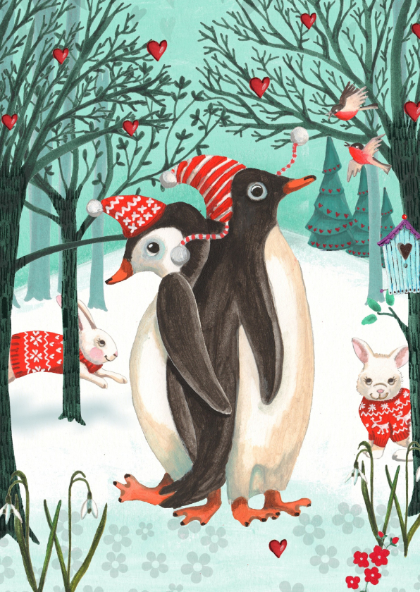 Kerstkaarten - Kerstkaart Penguins in het bos