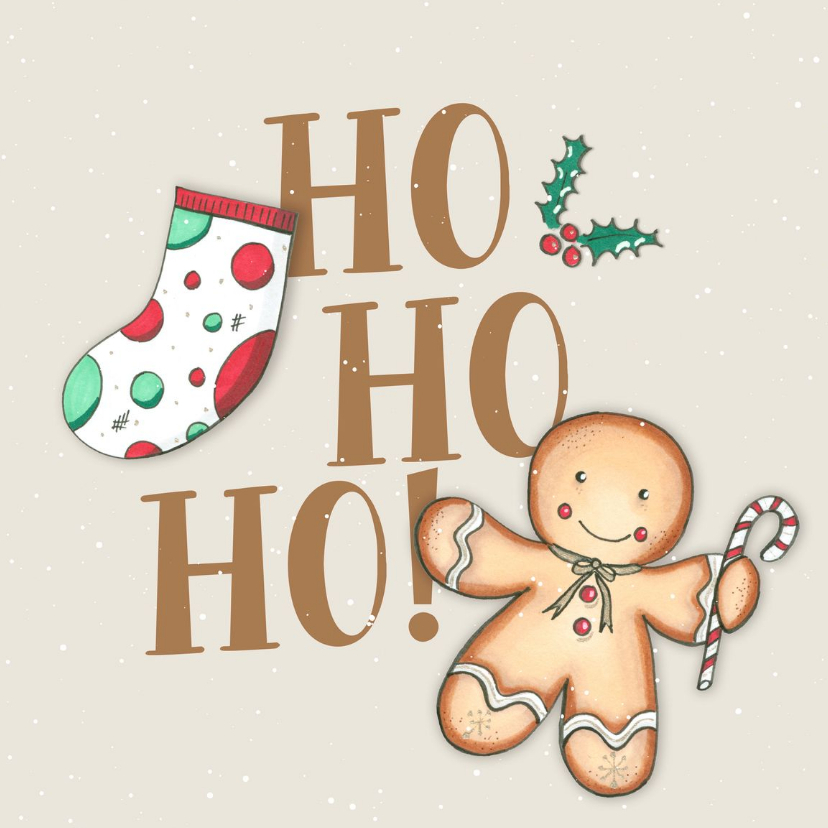 Kerstkaart - peperkoeken mannetje met kerstsok hohoho - Kerstkaarten Kerstkaarten - Kerstkaart - peperkoeken mannetje met kerstsok hohoho