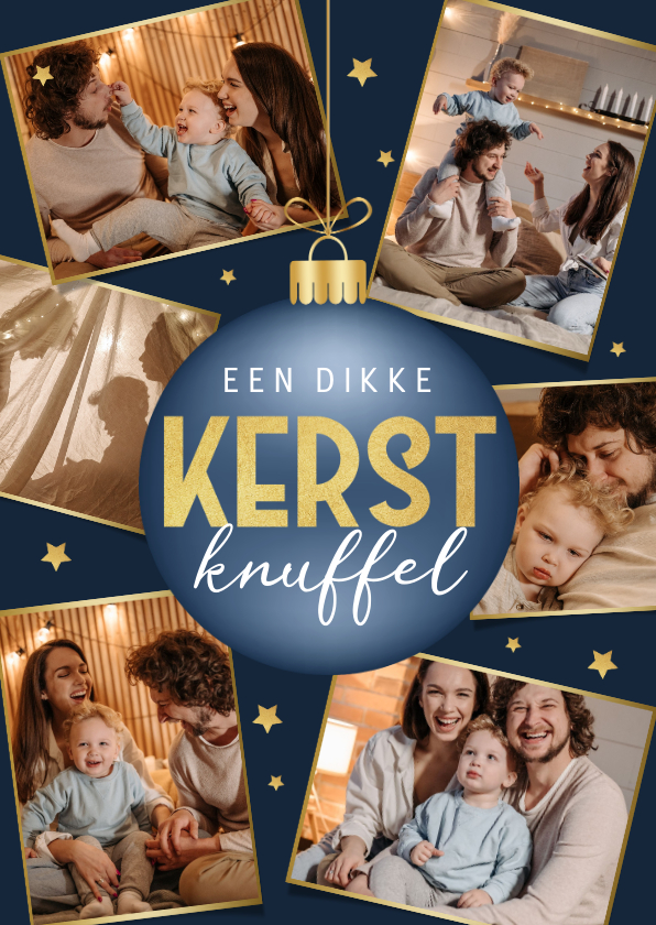 Kerstkaart persoonlijk fotocollage goud sterren kerstbal - Kerstkaarten Kerstkaarten - Kerstkaart persoonlijk fotocollage goud sterren kerstbal