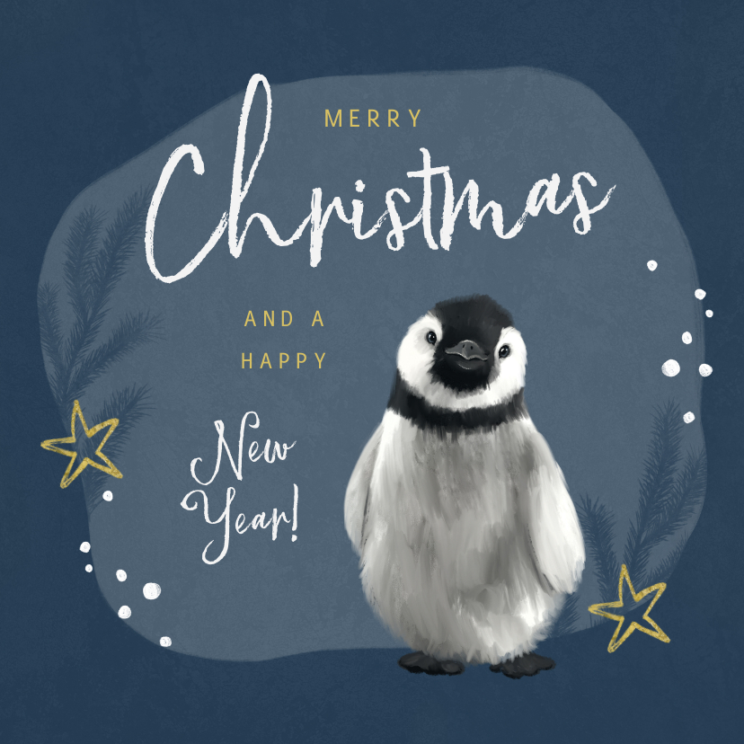 Kerstkaarten - Kerstkaart pinguïn illustratie winter goud sterren