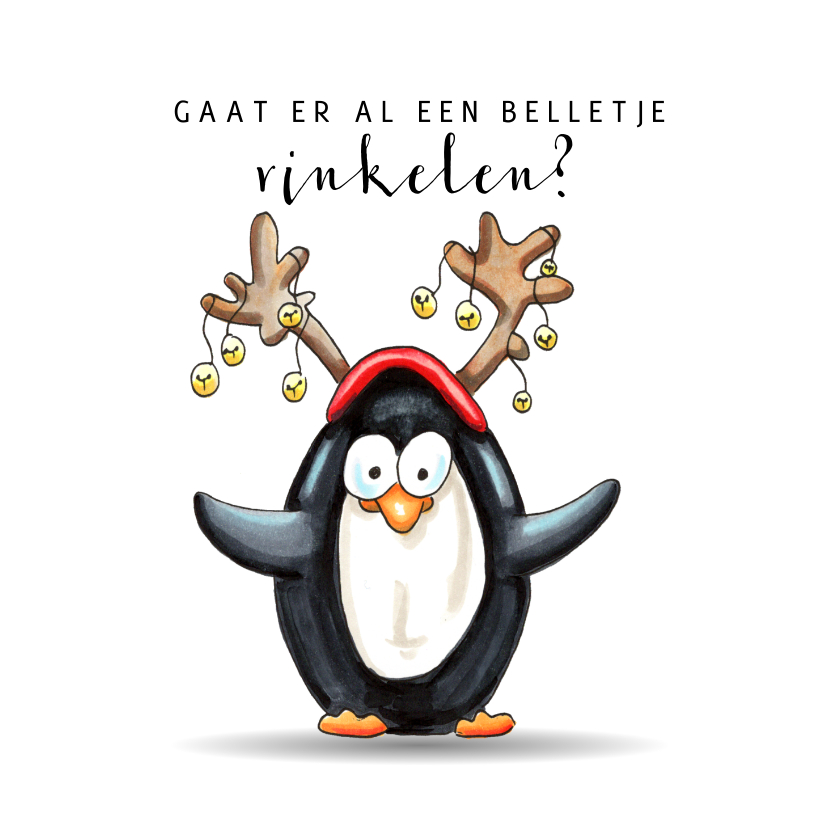 Kerstkaarten - Kerstkaart pinguïn met belletjes