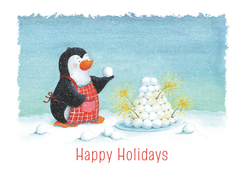 Kerstkaarten - Kerstkaart pinguïn met soesjes toren