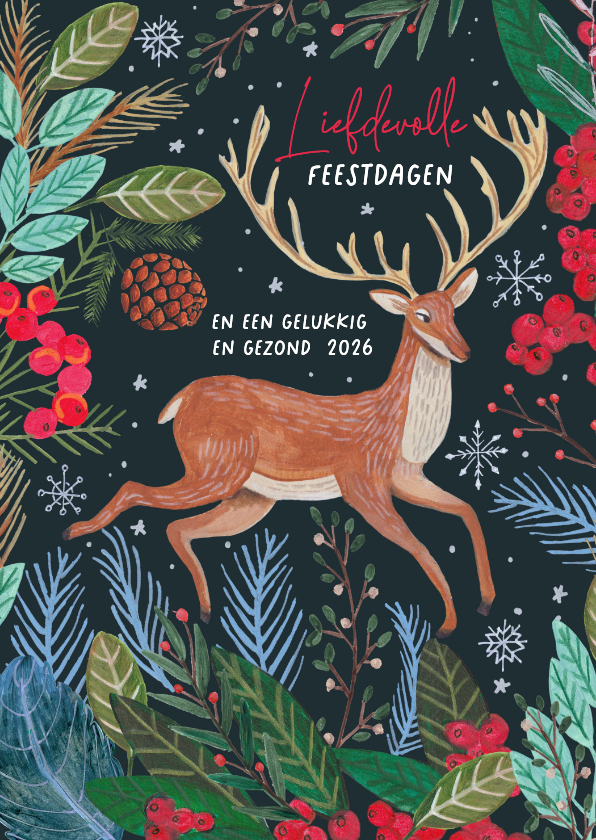 Kerstkaarten - Kerstkaart Rendier met sneeuwvlokken en rode bessen