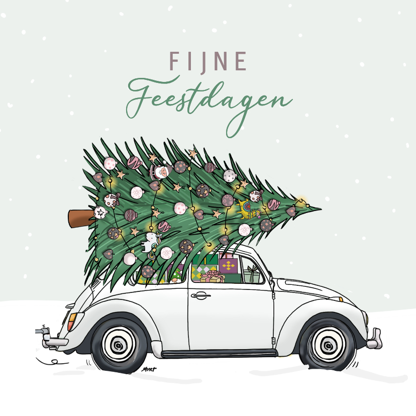 Kerstkaarten - Kerstkaart retro volkswagen kever wit met kerstboom