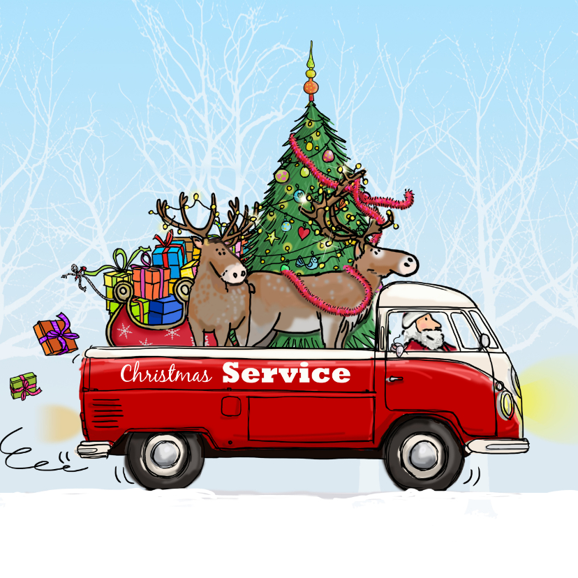 Kerstkaarten - Kerstkaart retrobus pickup 