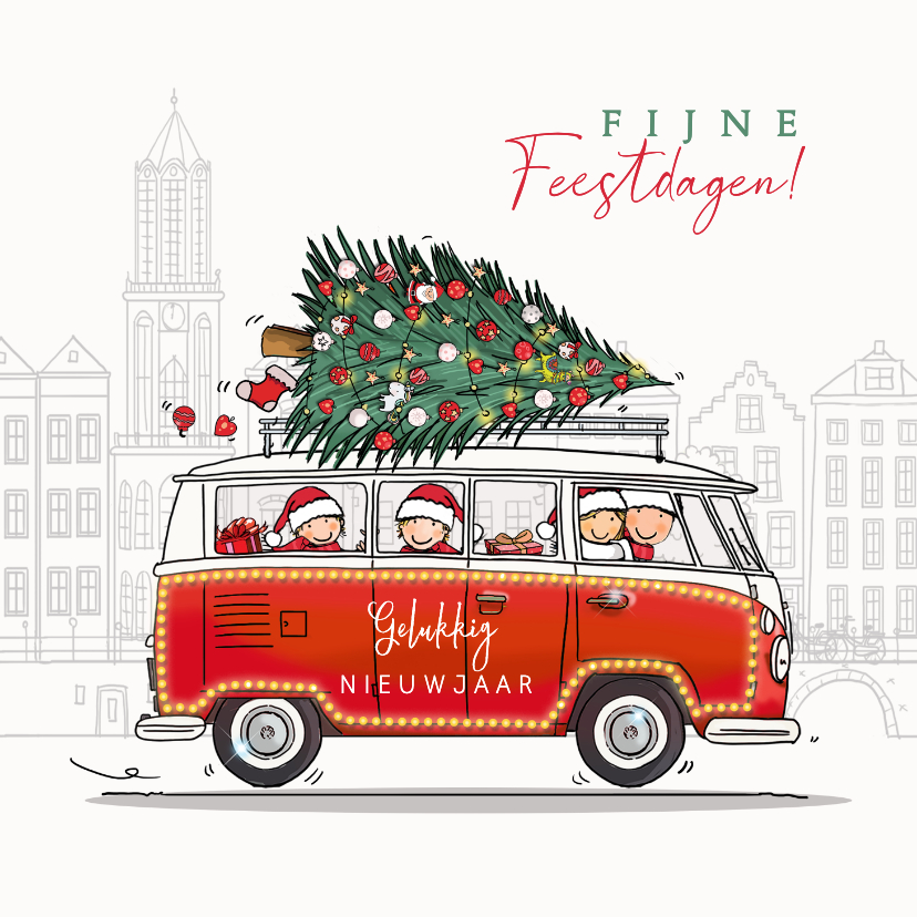 Kerstkaarten - Kerstkaart retrobus rood met gezin