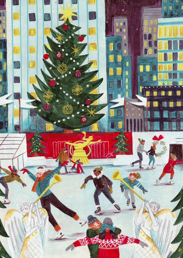 Kerstkaarten - Kerstkaart Rockefeller center New York schaatsen op ijs
