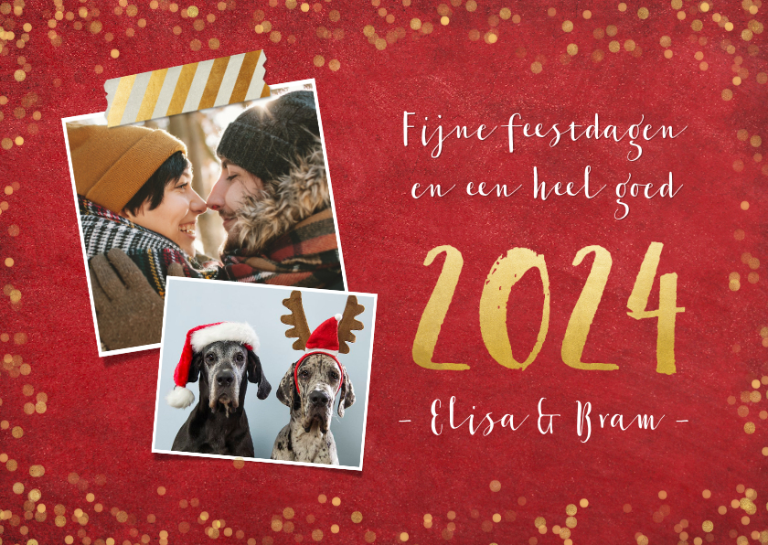 Kerstkaart rode achtergrond met gouden confetti en 2 foto's - Kerstkaarten Kerstkaarten - Kerstkaart rode achtergrond met gouden confetti en 2 foto's