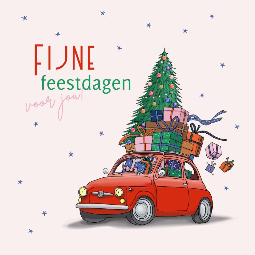 Kerstkaart rode auto met kerstboom - Kerstkaarten Kerstkaarten - Kerstkaart rode auto met kerstboom