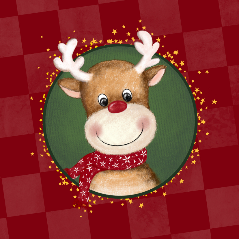 Kerstkaart rode blokken met rendier - Kerstkaarten Kerstkaarten - Kerstkaart rode blokken met rendier