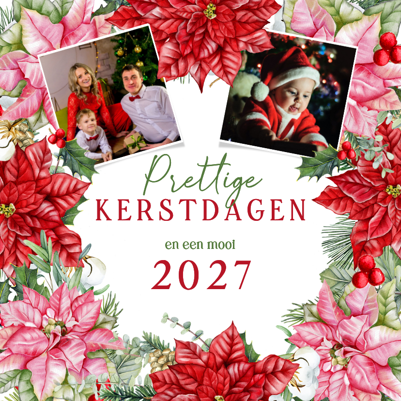 Kerstkaart rode en roze kerstbloemen kerstster - Kerstkaarten Kerstkaarten - Kerstkaart rode en roze kerstbloemen kerstster