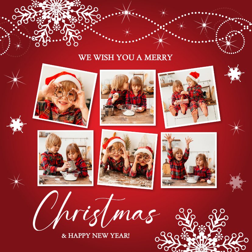 Kerstkaart rood fotocollage sneeuwvlokken - Kerstkaarten Kerstkaarten - Kerstkaart rood fotocollage sneeuwvlokken