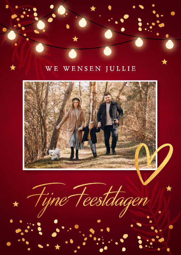 Kerstkaart rood lampjes goudlook foto confetti - Kerstkaarten Kerstkaarten - Kerstkaart rood lampjes goudlook foto confetti