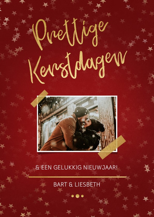 Kerstkaart rood met foto en goud - Kerstkaarten Kerstkaarten - Kerstkaart rood met foto en goud