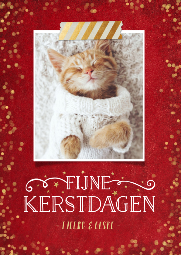 Kerstkaart rood met gouden confetti en eigen foto - Kerstkaarten Kerstkaarten - Kerstkaart rood met gouden confetti en eigen foto