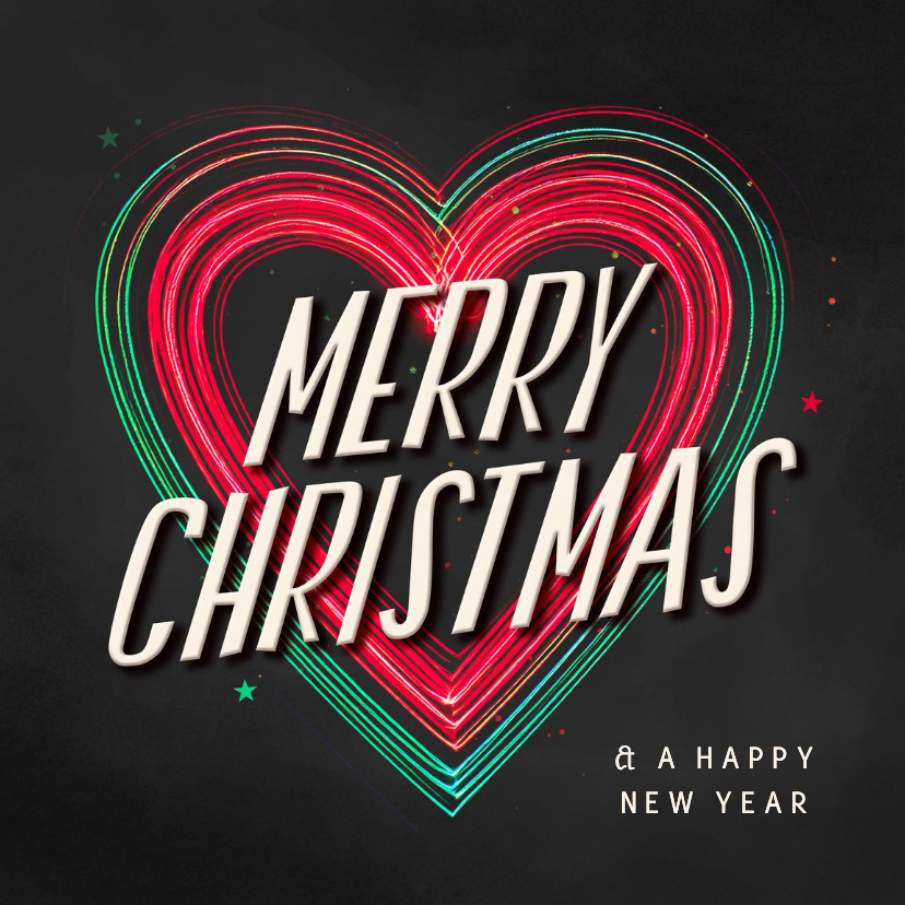 Kerstkaart rood met groen gloeiend hart merry christmas - Kerstkaarten Kerstkaarten - Kerstkaart rood met groen gloeiend hart merry christmas