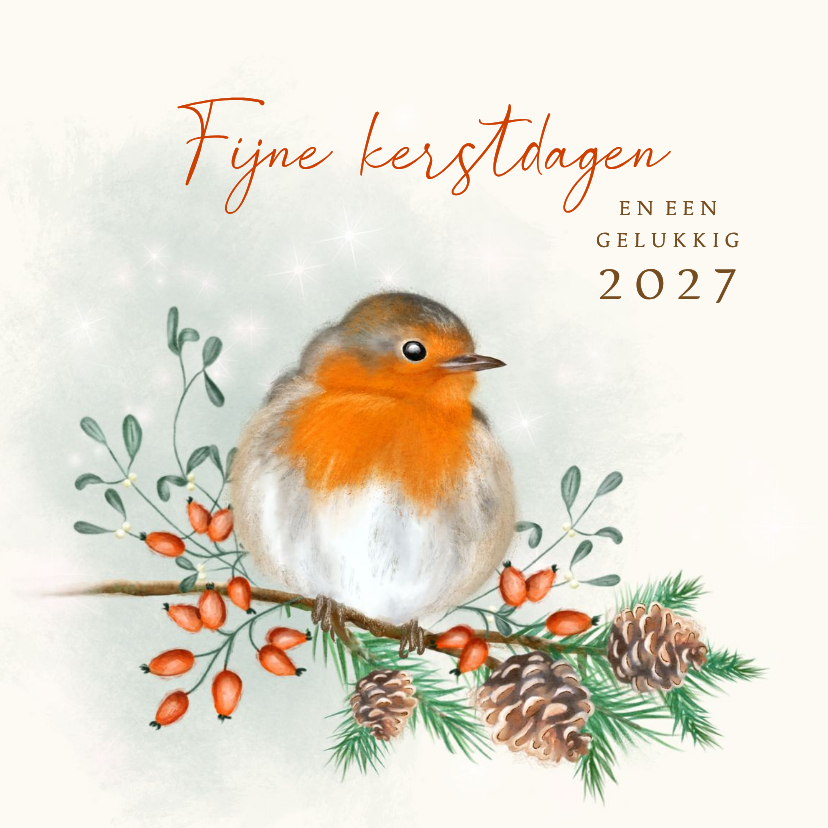Kerstkaart roodborst met dennenappels - Kerstkaarten Kerstkaarten - Kerstkaart roodborst met dennenappels