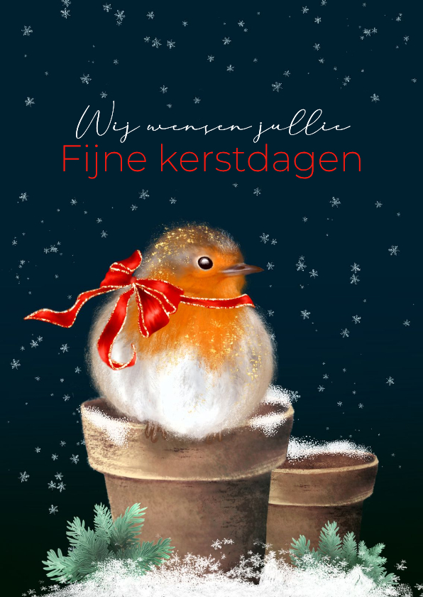 Kerstkaart roodborst strik en maan - Kerstkaarten Kerstkaarten - Kerstkaart roodborst strik en maan