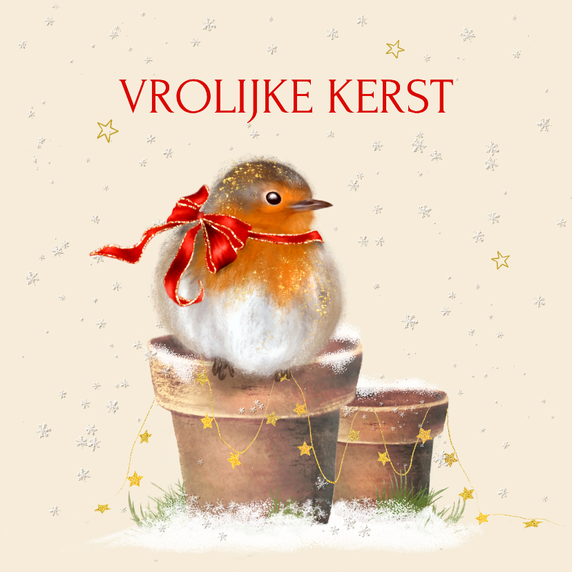 Kerstkaarten - Kerstkaart roodborstje met strik
