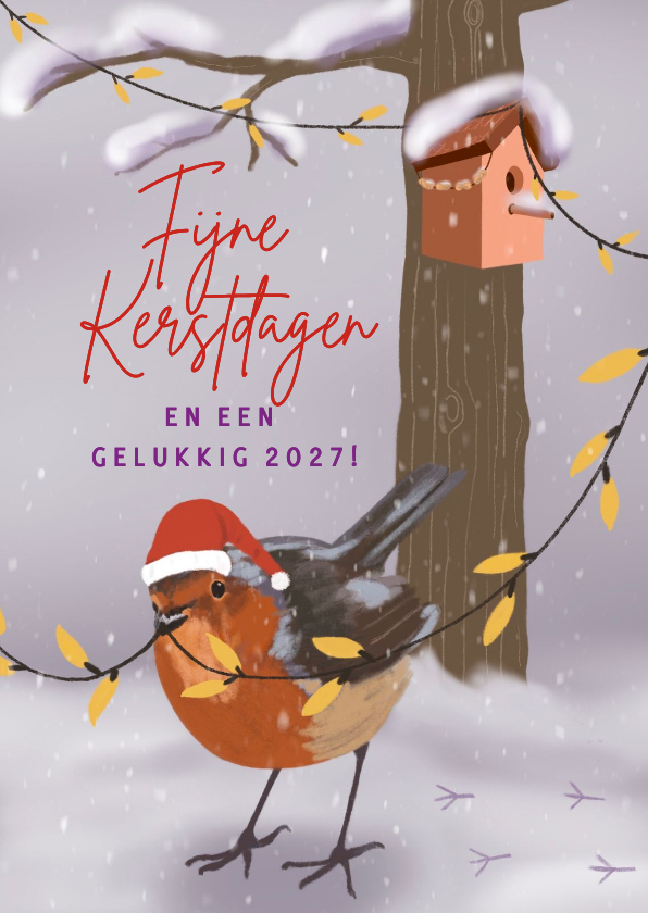 Kerstkaart roodborstje met vogelhuisje - Kerstkaarten Kerstkaarten - Kerstkaart roodborstje met vogelhuisje