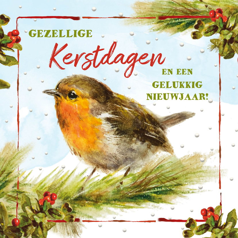 Kerstkaarten - Kerstkaart roodborstje op tak in sneeuw