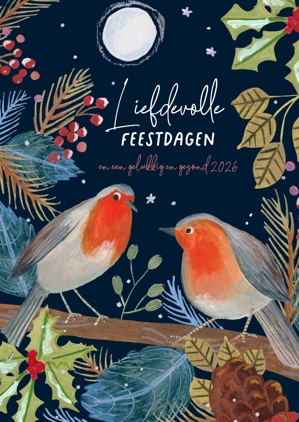 Kerstkaart roodborstjes bij volle maan - Kerstkaarten Kerstkaarten - Kerstkaart roodborstjes bij volle maan