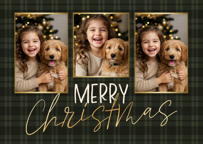 Kerstkaarten - Kerstkaart ruitjes groen fotocollage merry christmas