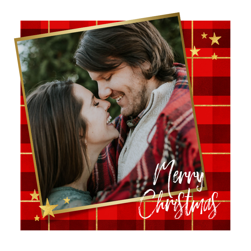 Kerstkaart ruitpatroon foto Merry Christmas & gouden sterren - Kerstkaarten Kerstkaarten - Kerstkaart ruitpatroon foto Merry Christmas & gouden sterren