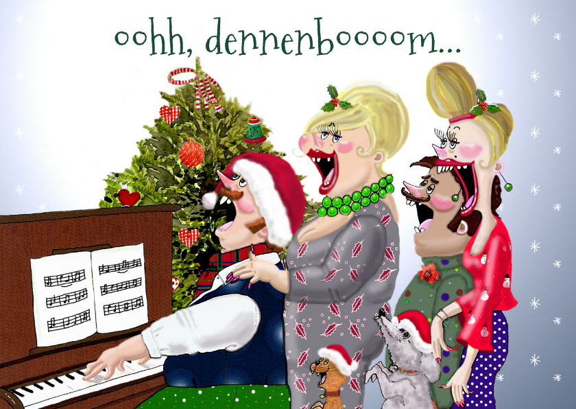Kerstkaart Samenzang piano met kerstboom - Kerstkaarten Kerstkaarten - Kerstkaart Samenzang piano met kerstboom