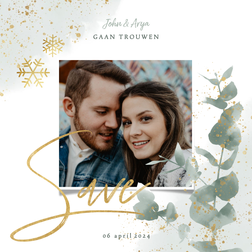 Kerstkaart save the date eucalyptus takje, spetters en foto - Kerstkaarten Kerstkaarten - Kerstkaart save the date eucalyptus takje, spetters en foto