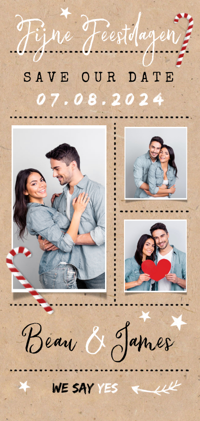 Kerstkaart save the date kraft zuurstokjes fotocollage ster - Kerstkaarten Kerstkaarten - Kerstkaart save the date kraft zuurstokjes fotocollage ster