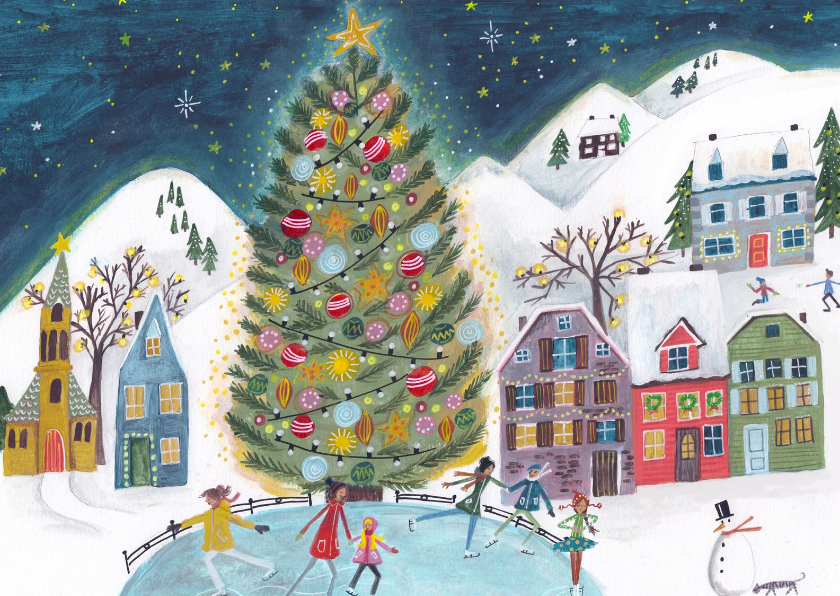 Kerstkaart schaatsen bij de kerstboom - Kerstkaarten Kerstkaarten - Kerstkaart schaatsen bij de kerstboom