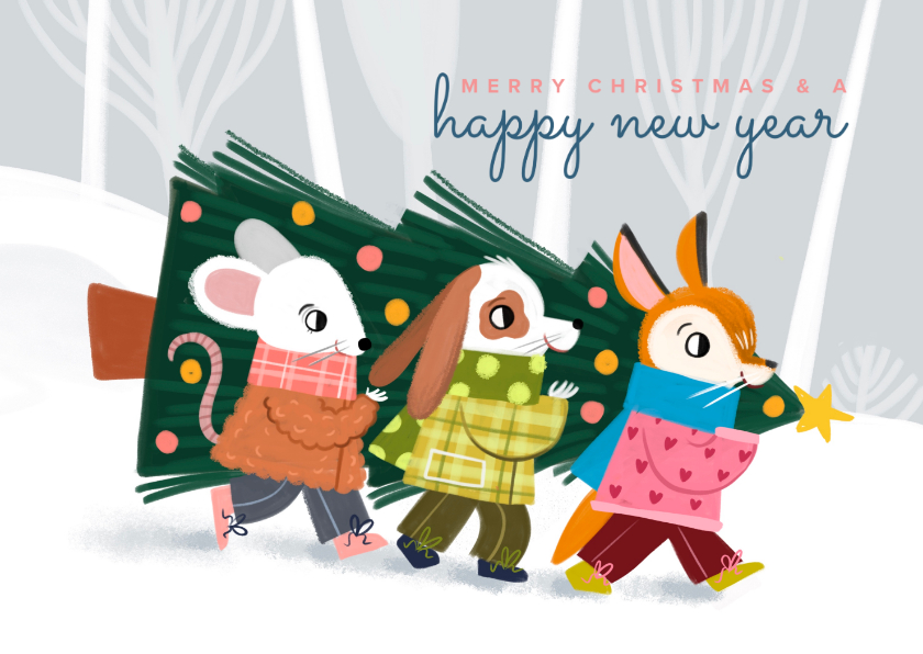 Kerstkaart schattige bende met kerstboom - Kerstkaarten Kerstkaarten - Kerstkaart schattige bende met kerstboom