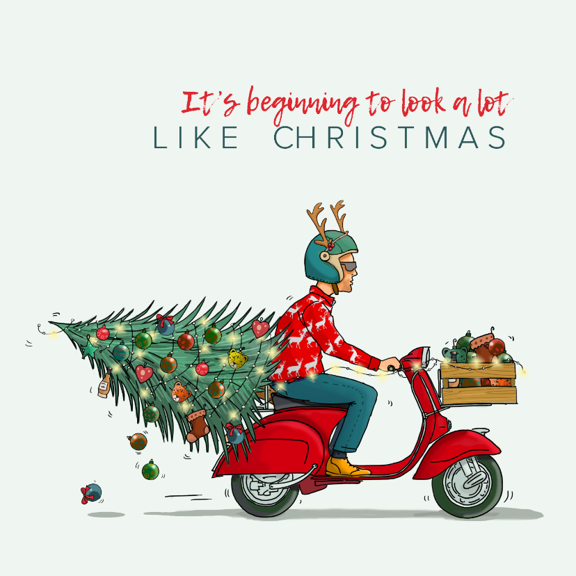 Kerstkaarten - Kerstkaart scooter met kerstboom