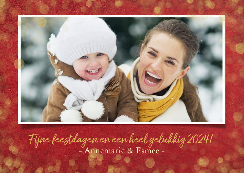 Kerstkaart sfeervol met foto - rood met gouden confetti - Kerstkaarten Kerstkaarten - Kerstkaart sfeervol met foto - rood met gouden confetti