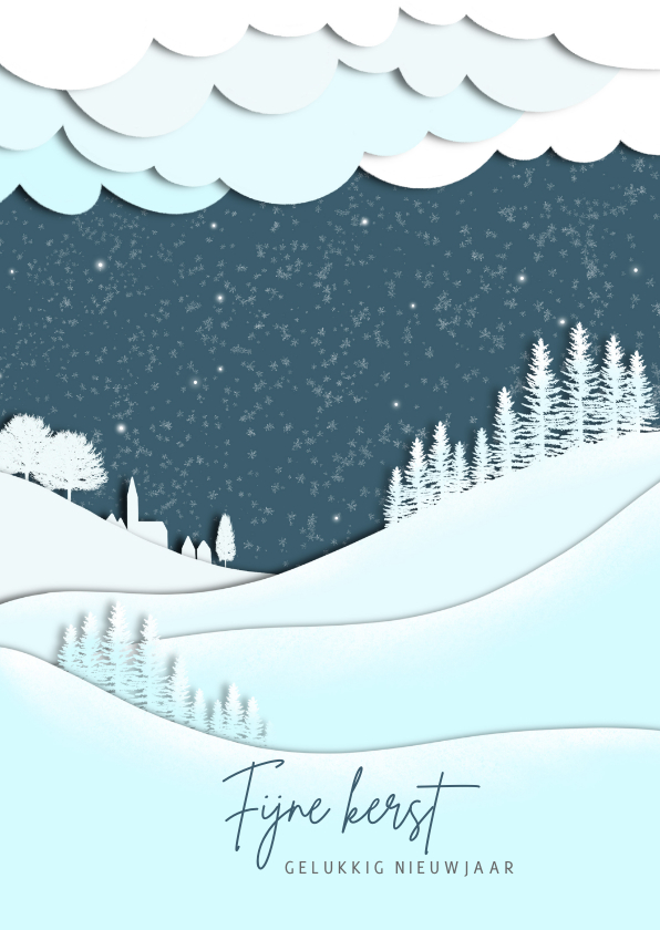 Kerstkaart silhouet landschap blauw-wit - Kerstkaarten Kerstkaarten - Kerstkaart silhouet landschap blauw-wit