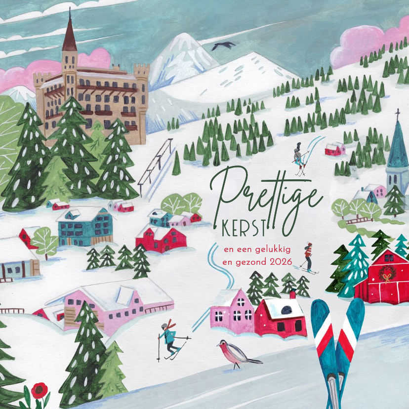 Kerstkaart ski landschap in de bergen met sneeuw - Kerstkaarten Kerstkaarten - Kerstkaart ski landschap in de bergen met sneeuw