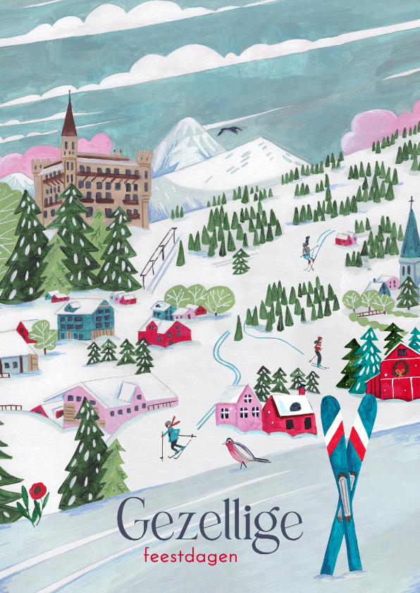 Kerstkaarten - Kerstkaart ski landschap met bergen en sneeuw