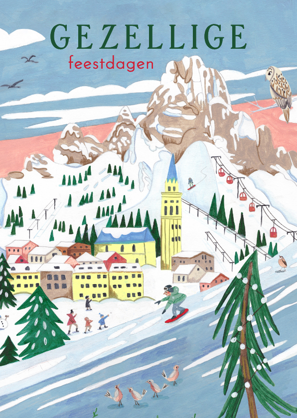 Kerstkaart ski landschap met bergen, sneeuw en kerkje - Kerstkaarten Kerstkaarten - Kerstkaart ski landschap met bergen, sneeuw en kerkje