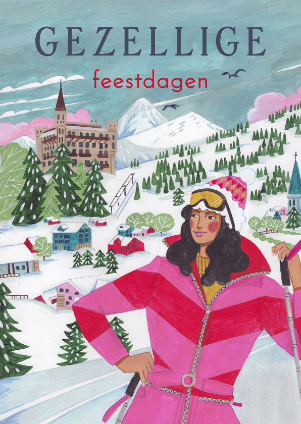 Kerstkaarten - Kerstkaart ski landschap met vrouw in skipak