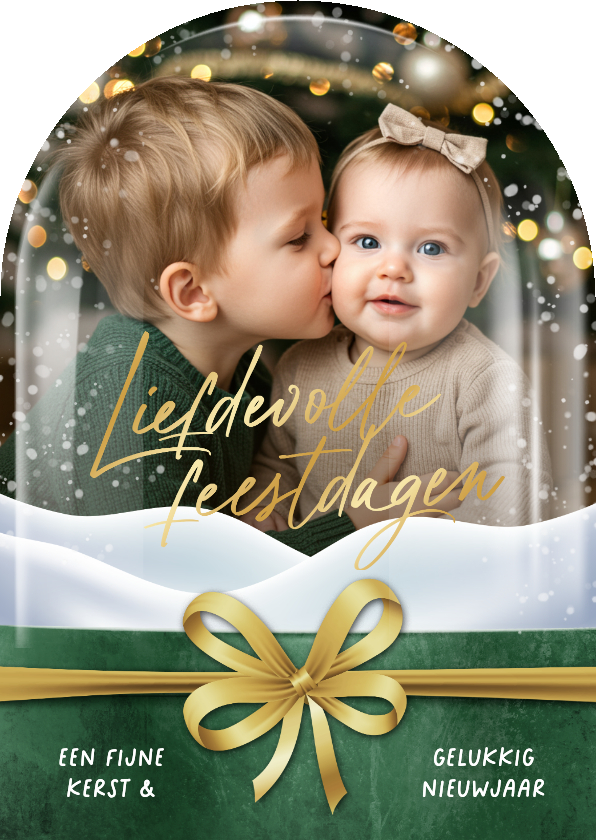 Kerstkaart sneeuwbol foto liefdevolle feestdagen strik goud - Kerstkaarten Kerstkaarten - Kerstkaart sneeuwbol foto liefdevolle feestdagen strik goud