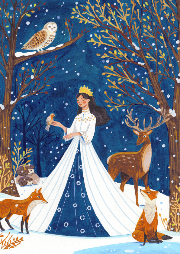 Kerstkaarten - Kerstkaart sneeuwkoningin in het dieren bos