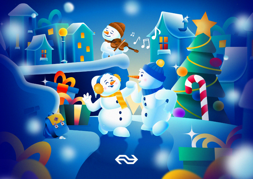 Kerstkaart sneeuwpoppen in een winters dorpje NS Wintercity - Kerstkaarten Kerstkaarten - Kerstkaart sneeuwpoppen in een winters dorpje NS Wintercity