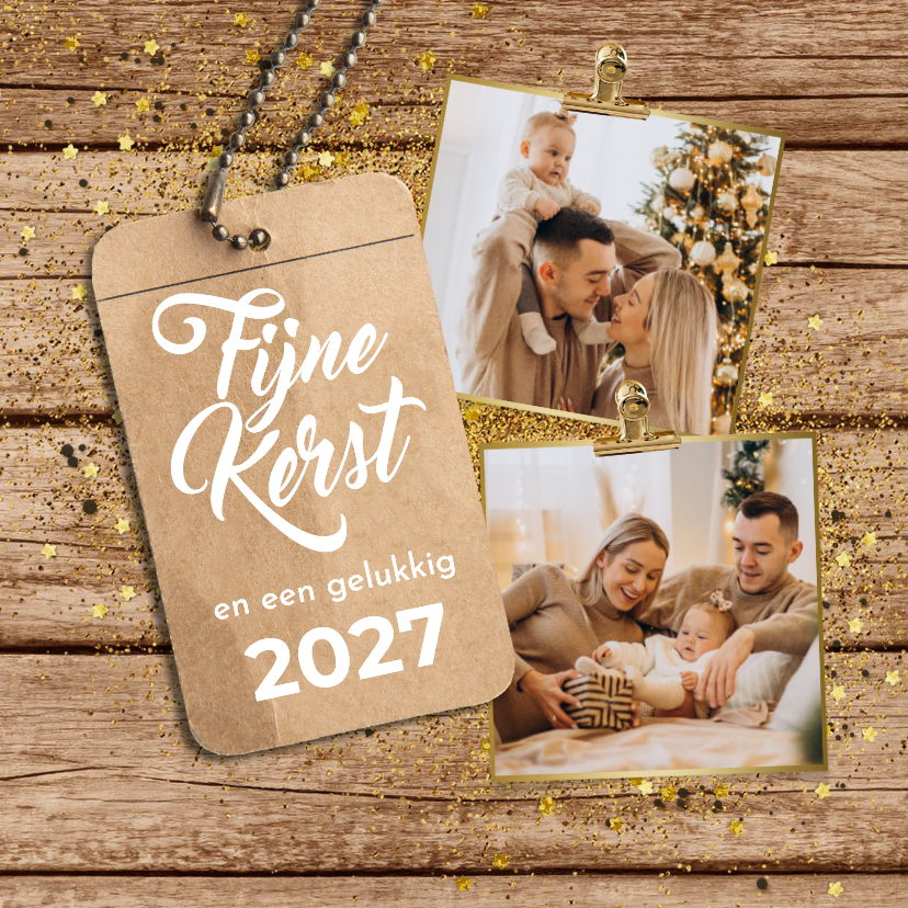 Kerstkaart sprankelend stoer hout goud confetti foto label - Kerstkaarten Kerstkaarten - Kerstkaart sprankelend stoer hout goud confetti foto label