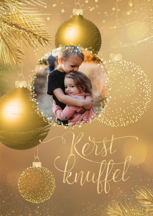 Kerstkaart sprankelende kerstknuffel goudlook 3d kerstballen - Kerstkaarten Kerstkaarten - Kerstkaart sprankelende kerstknuffel goudlook 3d kerstballen