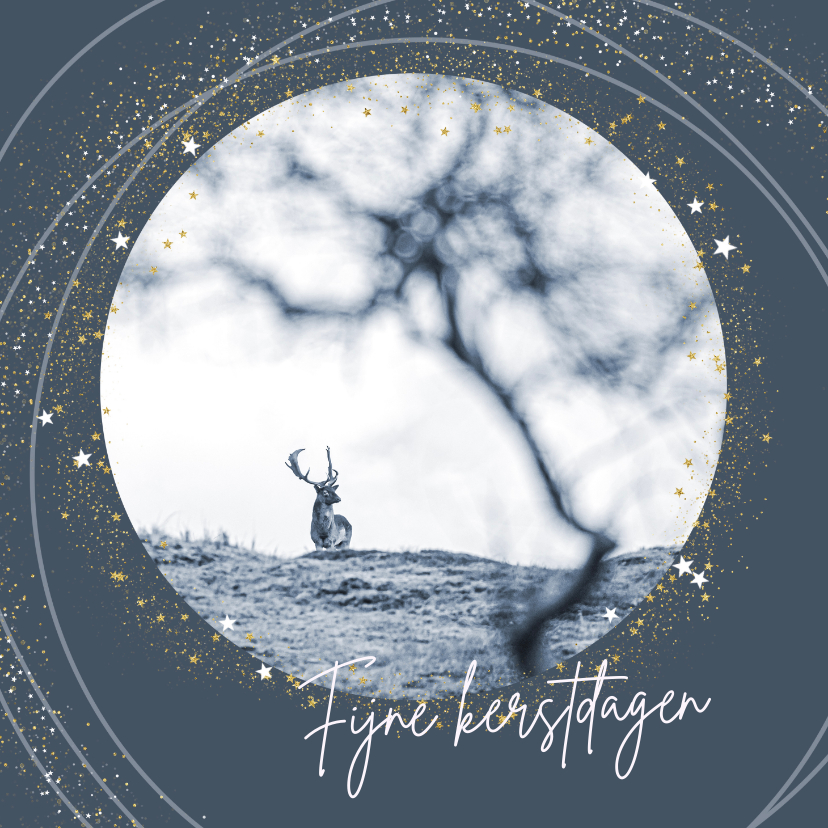Kerstkaart staalblauw hert rond frame - Kerstkaarten Kerstkaarten - Kerstkaart staalblauw hert rond frame