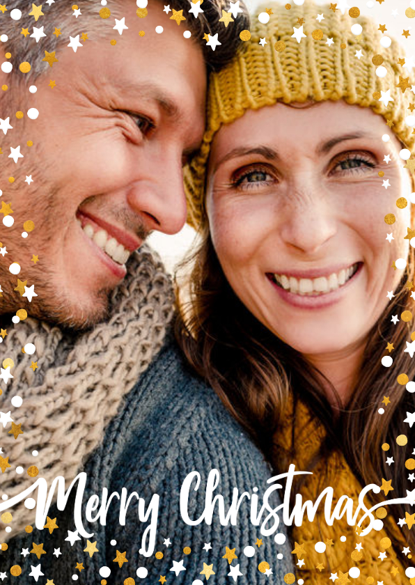 Kerstkaart staand gouden sterren met confetti en foto - Kerstkaarten Kerstkaarten - Kerstkaart staand gouden sterren met confetti en foto