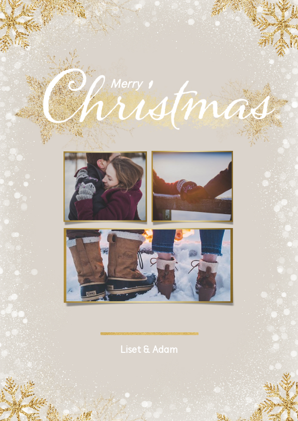 Kerstkaart staand met 3 foto's en gouden ijssterren - Kerstkaarten Kerstkaarten - Kerstkaart staand met 3 foto's en gouden ijssterren