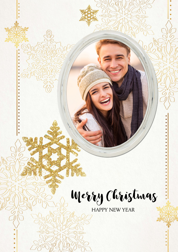 Kerstkaart sterren en fotolijst goud beige - Kerstkaarten Kerstkaarten - Kerstkaart sterren en fotolijst goud beige